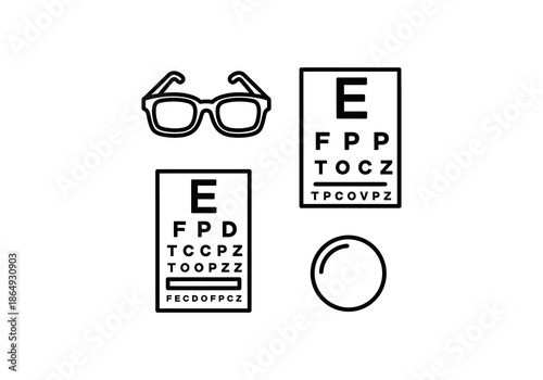 Vector Minimalist Black Outline Eye Care Icons Set with Eyeglasses and Snellen Charts.