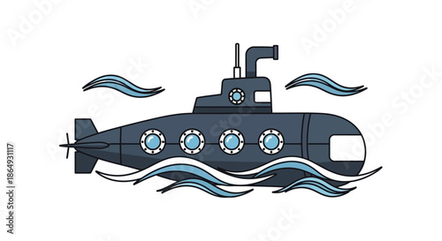 Cartoon submarine sailing on blue wavy water with a clear sky overhead