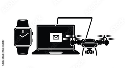 Modern technology gadgets including a smartwatch, laptop, and drone for communication and exploration.