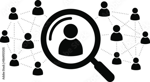 People search concept, magnifying glass over human profile connected social network icons digital recruitment community communication business teamwork leadership analysis connection technology