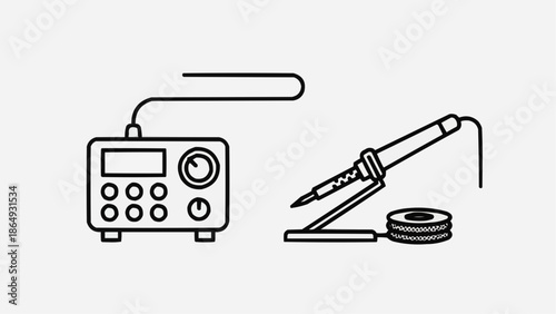 Electronic device and soldering iron on work surface, showcasing repair equipment and technical tools in a technical illustration