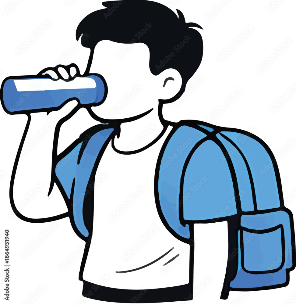 Obraz premium Boy Drinking Water Bottle Hydration Backpack