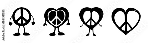Four peace symbols with legs and arms, some integrated into hearts.