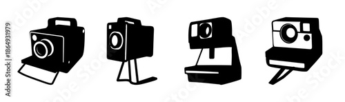 Collection of vintage and instant cameras in silhouette, retro photography icons