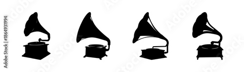 Vintage record players and gramophones, antique music player silhouettes