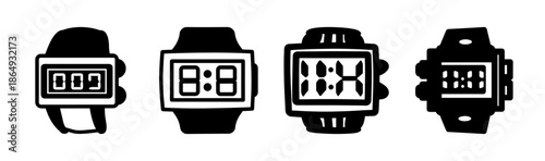 Collection of four retro digital watch icons with black outline