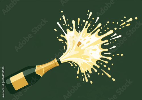 Celebratory champagne bottle bursting with golden spray in a festive celebration moment.