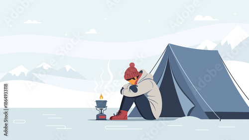 Winter Solitude At Campsite Depression And Loneliness Illustration With Snowy Mountain