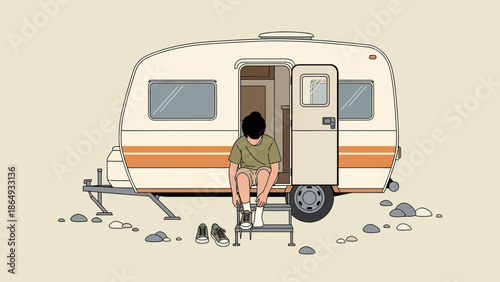 A Boy Preparing For An Adventure Outside His Vintage Camper Illustration