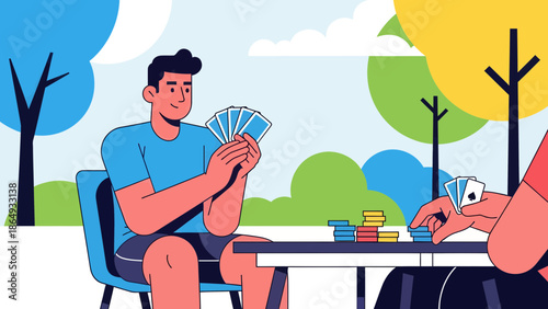 A Casual Poker Game Between Friends In A Sunny Outdoor Setting Illustration