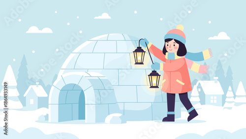 Winter Wonderland Girl with Igloo and Lanterns in a Snowy Landscape Illustration