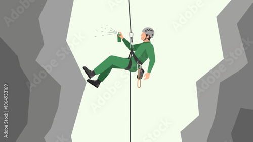 A Climber Cleaning Vandalism Off A Rock Face While Suspended On A Rope