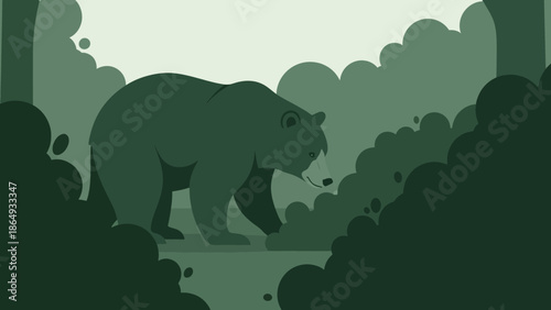 Abstract Bear Trekking Through Forest With Calm Monochrome Green Tone