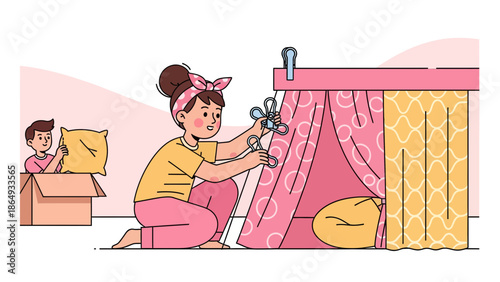 Woman Building Home Tent With Her Son For Fun Weekend Together Activity