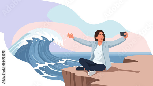 Woman Capturing Ocean Beauty On Vacation With Smartphone And Expressing Freedom