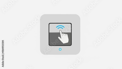 A hand interacts with a wireless touch screen interface on a gray background