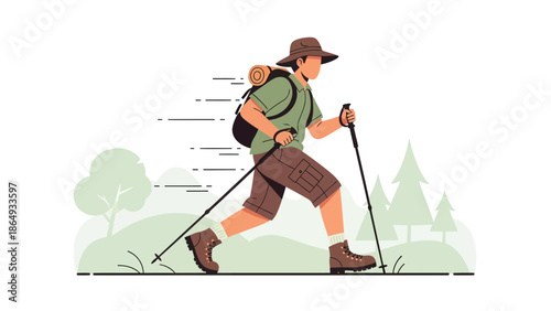 Active Hiker Man Trekking Adventure With Backpack And Hiking Poles Outdoors