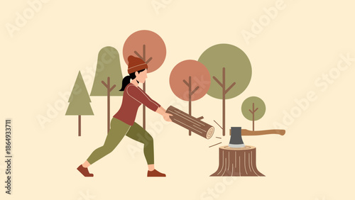 Woman Chopping Wood In The Forest With Minimalist Flat Style And Earthy Tones