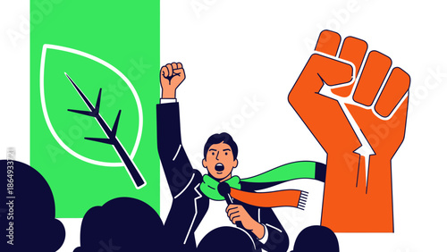 Activist Leading Climate Change Protest with Leaf Symbol and Raised Fist