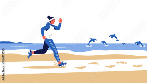 Active Woman Running Along A Beach With Dolphins Jumping Out Of The Ocean