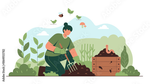 Woman Composting Organic Waste With Worms And Growing Plants In Eco Friendly Garden