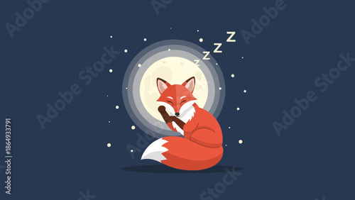 Adorable Fox Sleeping Peacefully Under Moonlight Illustration For Children Books