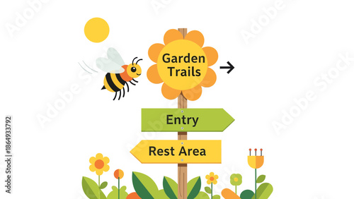 Adorable Garden Trails Sign With Bee And Directional Arrows For Visitors