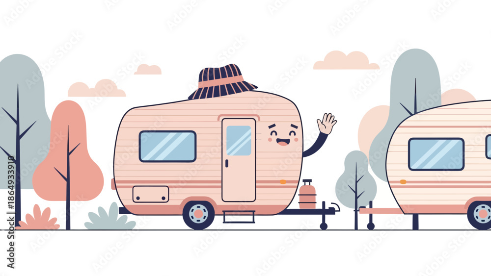 Fototapeta premium Adorable Traveling: Cartoon Trailers On The Road With Happy Face And Summer Hat