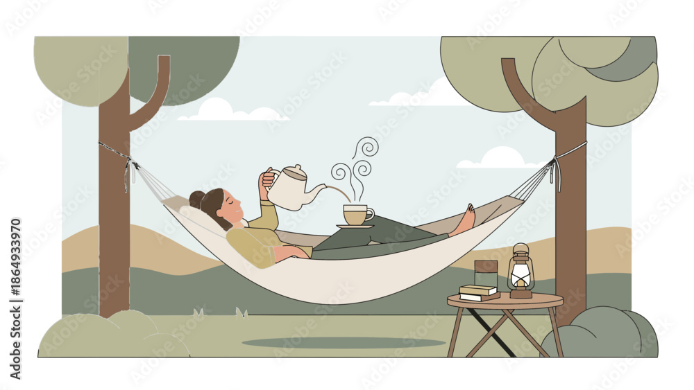 Obraz premium Woman Enjoying A Relaxing Moment Pouring Tea In A Hammock Outdoors