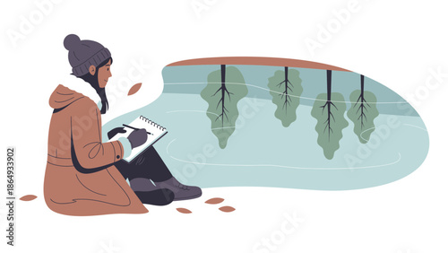 Woman Drawing Nature Reflection In Lake During Autumn Season Outdoors