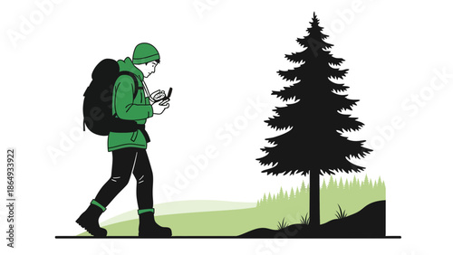 Adventure Awaits A Lone Hiker Navigating Wilderness with Compass in Hand Illustration