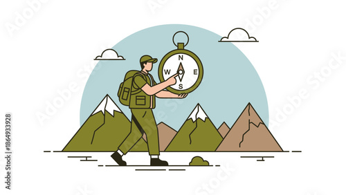 Adventure Awaits A Man Hiking In The Mountains With A Compass For Guidance
