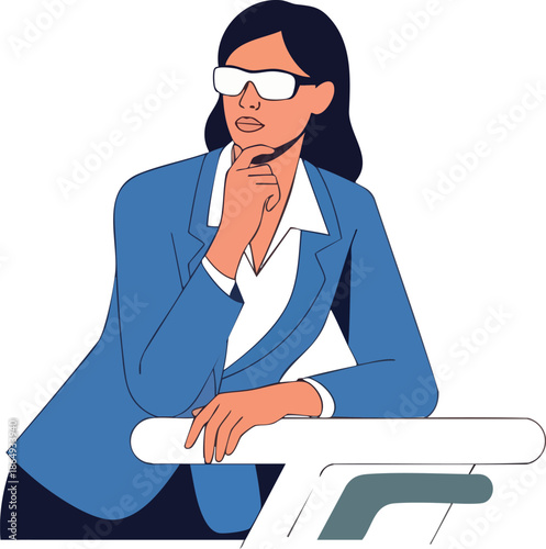 Woman in blue blazer contemplating thoughtfully.
