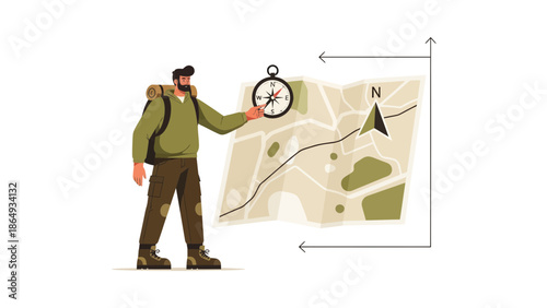 Adventure Awaits Illustrated Hiker Navigating The Wilderness With Map And Compass