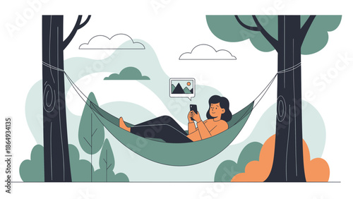 Woman Enjoying Nature Connection While Using Her Mobile Phone in Hammock