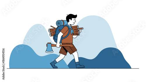 Adventure Awaits Hiker's Journey Through Mountains With Wood And Essential Camping Equipment