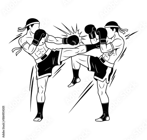 muaythai fight, silhouette, flat design, isolated on white.