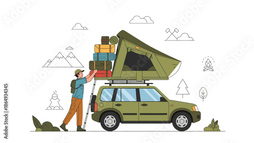 Adventure Awaits Preparation Outdoor Camping Car Rooftop Tent And Equipment