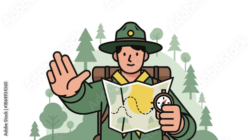 Adventure Awaits: Ranger Navigating Wilderness Trail With Map And Compass