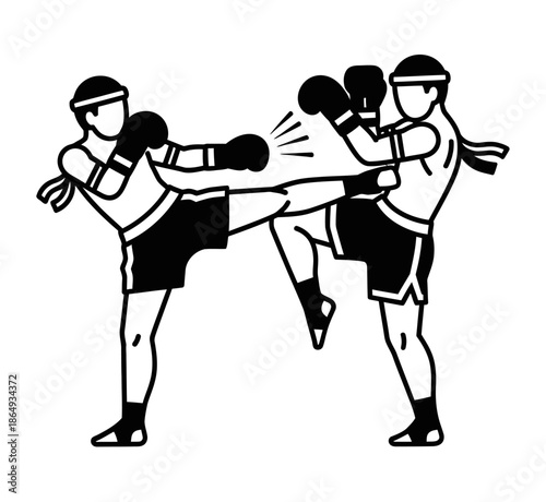 muaythai fight, silhouette, flat design, isolated on white.