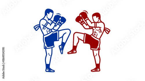 muaythai fight, silhouette, flat design, isolated on white.