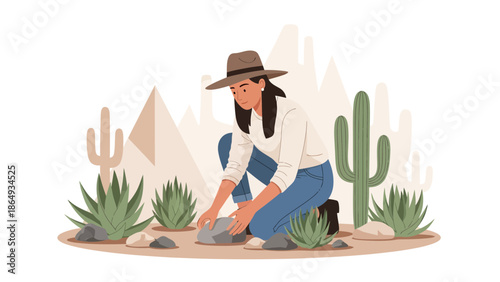 Woman Exploring Desert Landscape Underneath Wide Brimmed Hat And Cactus Growth