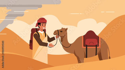 Adventure In Desert With Bedouin Guiding Camel Across Sands