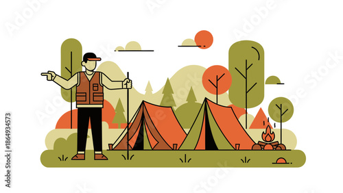 Adventure Guide Points Toward the Trail at Campsite With Bonfire and Tent Vacation