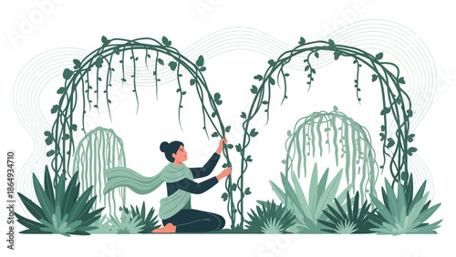 Woman Forming Nature Archway In Serene Garden Setting