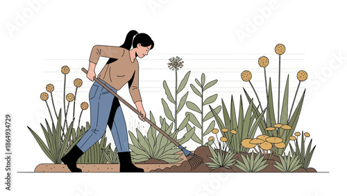 Woman Gardening Backyard Cultivating Soil With Rake At House Lawn