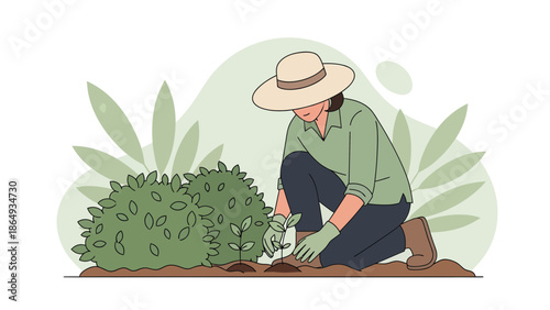 Woman Gardener Planting Seedlings In Garden With Bushes And Plants Illustration