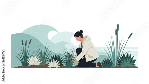 Woman Gardening Near Water Plants And Calm Lake In Flat Vector Design