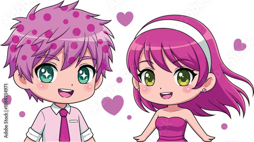 Cute Chibi Anime Couple with Pink Hair and Hearts Illustration