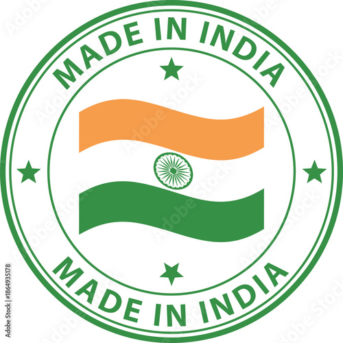Circular green 'Made in India' stamp with Indian flag and stars, symbolizing national origin and pride.